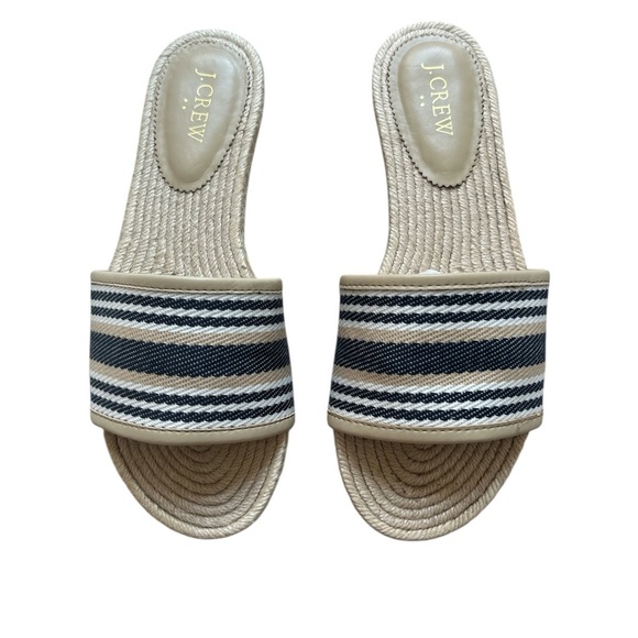 NWT J.Crew Factory SZ 8 Canvas Striped Slides Flat Sandals Blue Tan Casual. - Picture 3 of 5